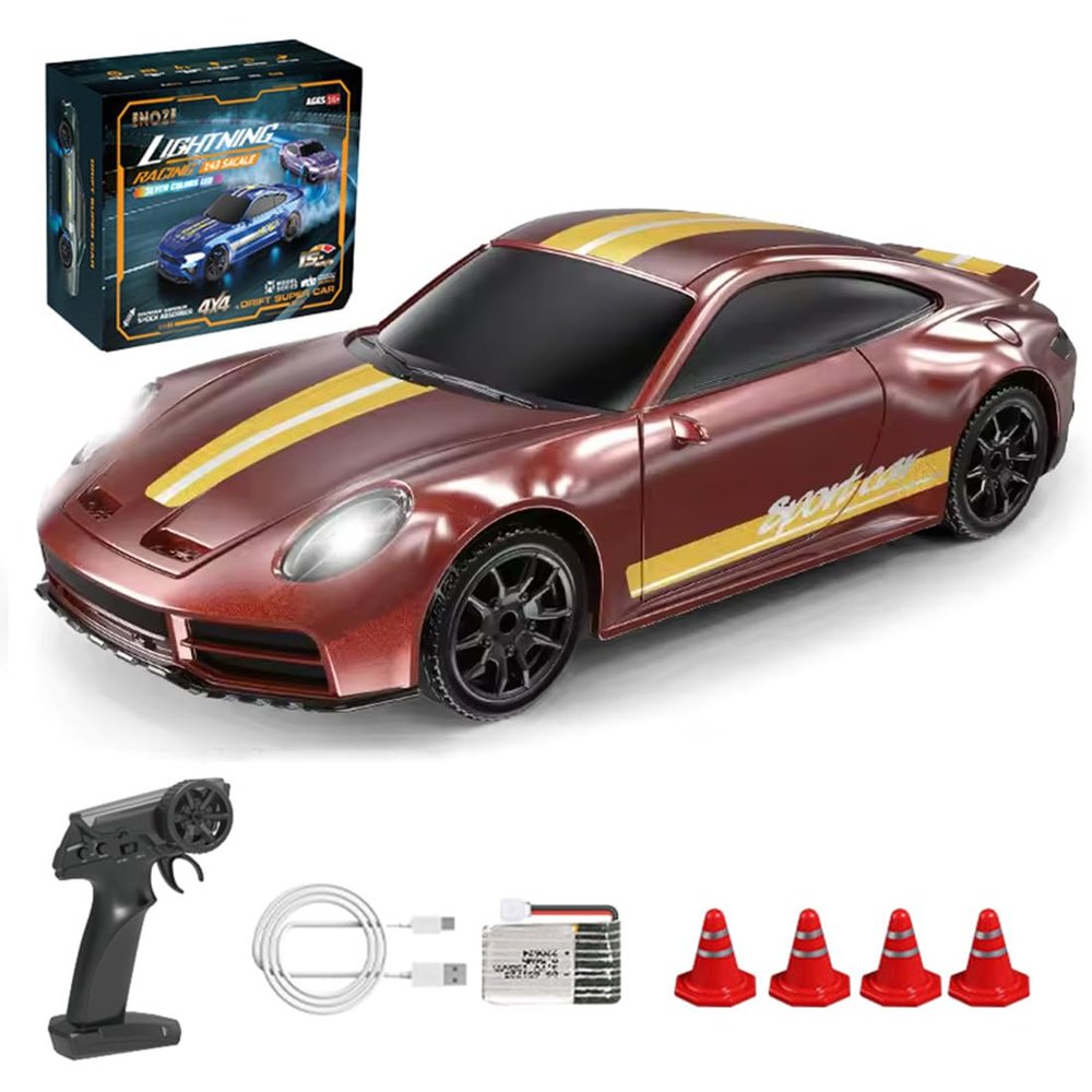1/43 Scale Drift RC Car, 4WD Mini Remote Control Racing Car with Full Proportional Steering, LED Light Effects, USB Rechargeable, Desktop Drift Fun & Collectible Model (Gyroscope Version/Yellow)