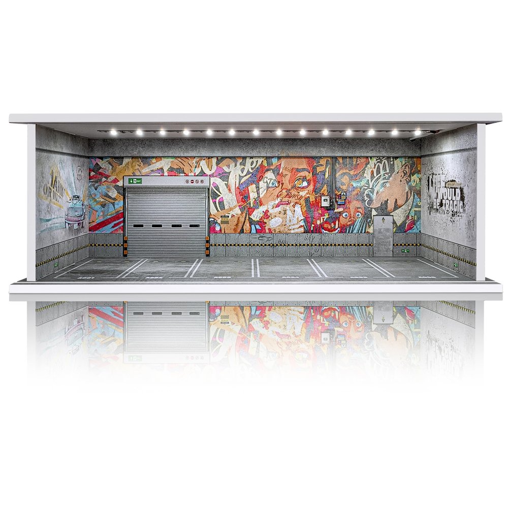 Saichotoy Display Case for Hot Wheels: Stackable Parking Garage Display for Matchbox 1/64 Scale Toy Car, Foamboard Storage for Monster Trucks with LED Light and Acrylic Cover, Shattering World