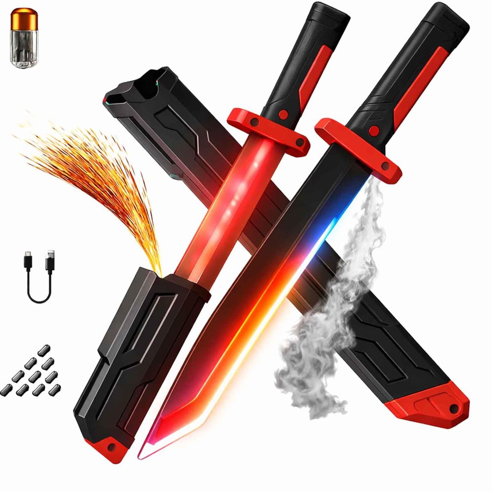 Sparkblade Sword with Sparks, 17.5in RGB LED Light Up Prop w/Mist Fog Effect, Motion Sound FX, Auto-Eject, USB-C Rechargeable, Flints Included (Red)