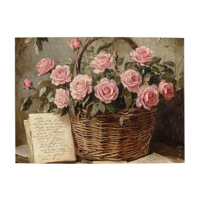 BEAROWL Wooden Puzzles for Adults 500 Pieces Pinks Rose Basket, Classic Floral Artwork Jigsaw Puzzle, Ideal for Bedroom Wall Art, Romantic Theme Collection, Leisure Activity