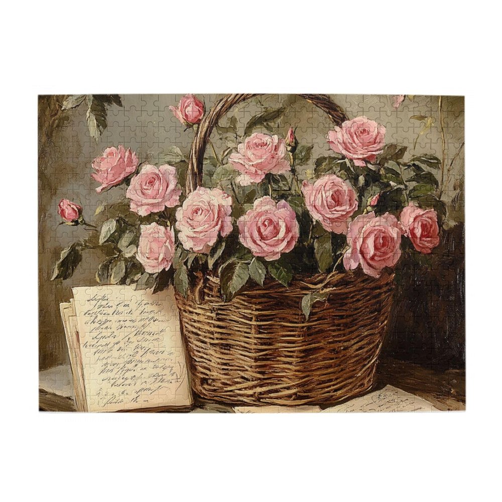 BEAROWL Wooden Puzzles for Adults 500 Pieces Pinks Rose Basket, Classic Floral Artwork Jigsaw Puzzle, Ideal for Bedroom Wall Art, Romantic Theme Collection, Leisure Activity