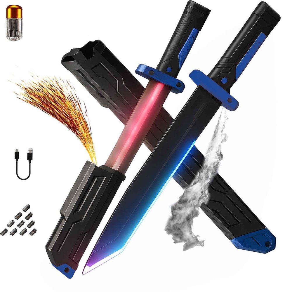 Sparkblade Sword with Sparks, 17.5in RGB LED Light Up Prop w/Mist Fog Effect, Motion Sound FX, Auto-Eject, USB-C Rechargeable, Flints Included (Blue)