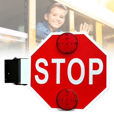 Double Sided School Bus Stop Sign with Waterproof Reflective Film, High Visibility Traffic Flashing Light Parking Sign for School Zones 12V