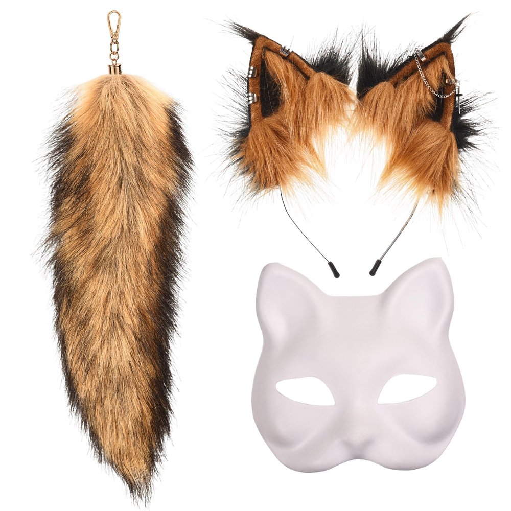 BADALU Therian Cat Mask and Ears Tail Set - Fluffy Fox Wolf Cosplay Headband with Mask and Furry Tail for Halloween Party