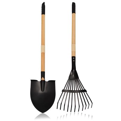 Kids Garden Tool Set, 2-Piece Rake and Shovel with Wooden Handles, 28 Inch Long, Black Metal Gardening Tools for Boys and Girls Digging Sand, Outdoor Toy Gifts for Sandbox