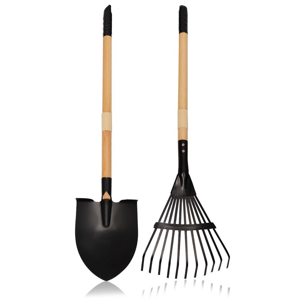 Kids Garden Tool Set, 2-Piece Rake and Shovel with Wooden Handles, 28 Inch Long, Black Metal Gardening Tools for Boys and Girls Digging Sand, Outdoor Toy Gifts for Sandbox