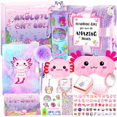 13PCS Axolotl Gifts for Girls 3 4 5 6 7 8 9 10 Years Old with Stationery Plush Diary with Lock/Glowing Blanket/Eye Mask/Crossbody Bag Teen Birthday Christmas Axolotl Gifts for Girls Kids