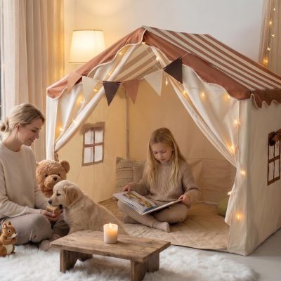 KetieStory Kids House Play Tent Exta Large Foldable Kids Forts Canopy Tent with Mat, Play Tent for Toddler Indoor Outdoor Playhouse for Room Decor, Star Lights and Colorful Flags