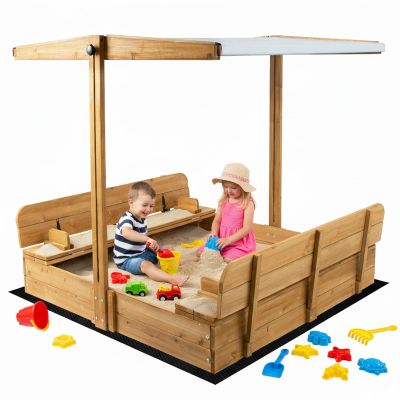 Mayugardening Large Wooden Kids Sandbox with Lid, Outdoor Weatherproof Sand Box with Covers, 2 Foldable Benches, Adjustable Height Canopy, Gift for Kids Aged 2-8 (47x47in)