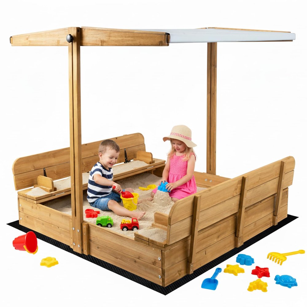 Mayugardening Large Wooden Kids Sandbox with Lid, Outdoor Weatherproof Sand Box with Covers, 2 Foldable Benches, Adjustable Height Canopy, Gift for Kids Aged 2-8 (47x47in)