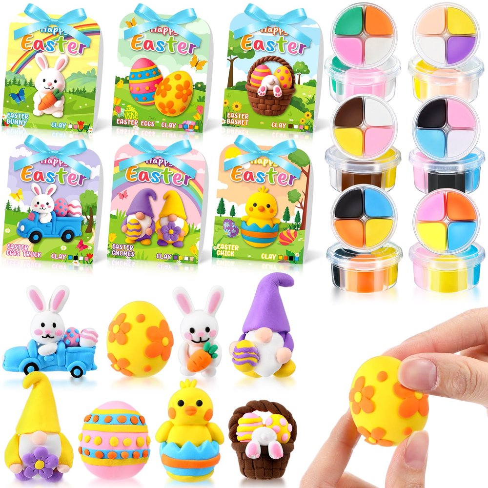 Capoda 6 Sets Easter DIY Craft Kit Easter Air Dry Clay Kit Bunny Eggs DIY Arts and Crafts Modeling Clay Gifts Bulk with Tutorials for Home Party Favors Art Projects Fun Activities Supplies