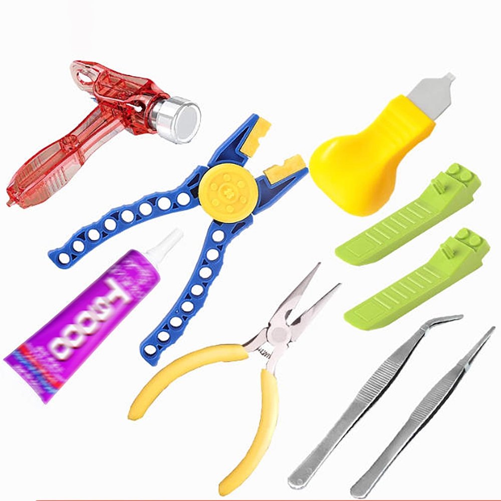 QIXINDGYH Small Building Brick Tool Set for Micro Blocks, Assembly and Disassembly Helper Kit with Pin Puller Pliers, Brick Separator, Hammer, Tweezers and Pry Tool(Color Random) (7 Pieces)