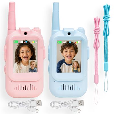 KatchOn, Kids Video Walkie Talkies, 2 Pack | 400m Long Range Walkie-Talkie for Kids, Rechargeable Video Call Toys for Indoor, Camping, Hiking, Travel, Birthday Gift for Boys Girls Age 3-5 (Blue/Pink)