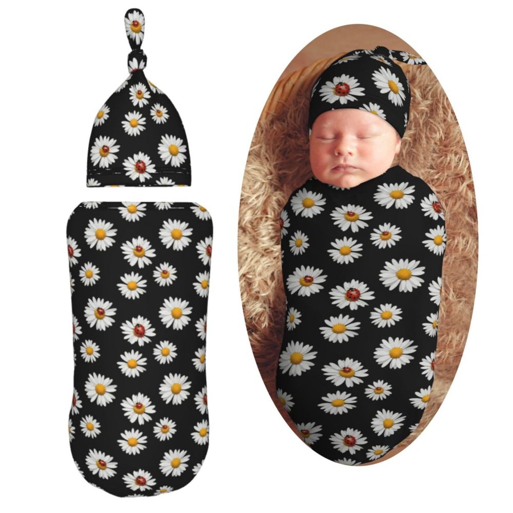 Muishi Retro Ladybug Daisy Newborn Swaddle Blankets Hat Sets Soft Baby Receiving Blanket Swaddle Sack for Baby Shower Infant Boy Girl Gift