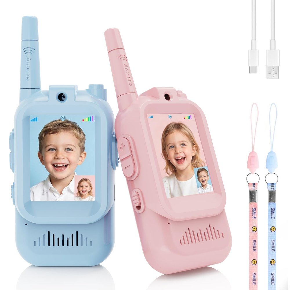 Video Walkie Talkies for Kids, 2 Pack Rechargeable Toddler Toys with HD Camera, Indoor Outdoor Toys for Family Games, Outside, Camping, Hiking for Boys Girls Ages 3-12 (Blue/Pink)