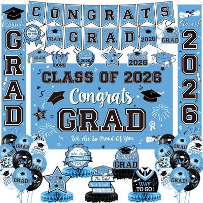 2026 Graduation Decorations - Sky Blue Graduation Decorations Set with Congrats Grad Banner & Backdrop, Porch Sign, Hanging Swirls, Balloons, Honeycomb Centerpieces for High School & College Celebrations