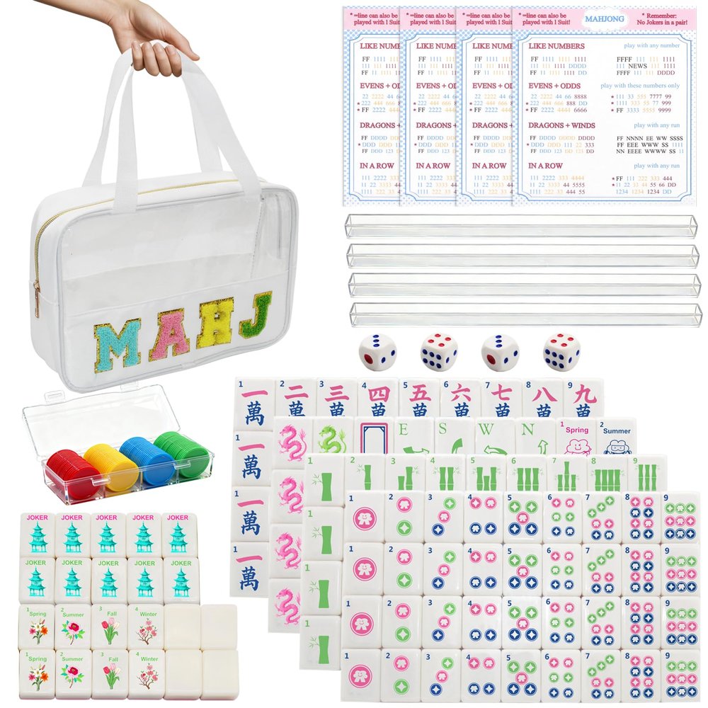 American Mahjong Game Set,Mahjong Set,Complete Mahjong Tile Set with 166 White Tiles (1.2),4 Tile rulers,4 dice,1 Bag,100 Chips,5 Instruction Manuals,Mahjong Game Gift for Enthusiasts