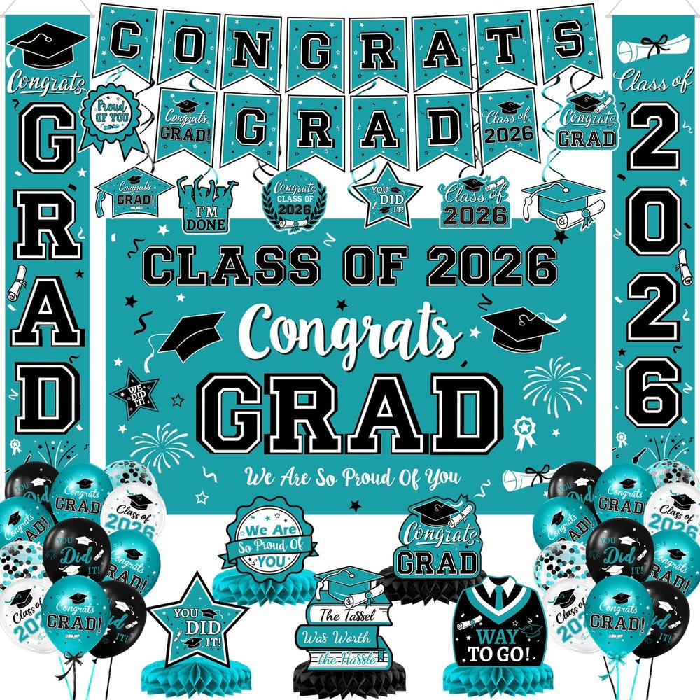 2026 Graduation Decorations, Teal Graduation Decorations Set with Congrats Grad Banner & Backdrop, Porch Sign, Hanging Swirls, Balloons, Honeycomb Centerpieces for Congrats Grad Party Decorations