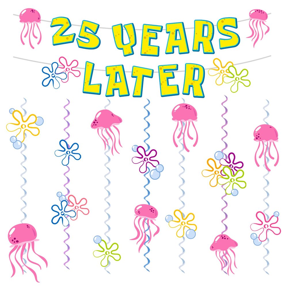 25 Years Later Birthday Banner Carton Sponge Banner Jelly Fish Hanging Swirls Garlands Sea Animals Hanging Banner for Birthday Party Decorations Supplies Party Favors