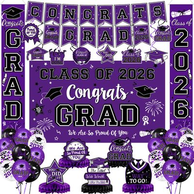2026 Graduation Decorations - Purple Graduation Decorations Set with Congrats Grad Banner & Backdrop, Porch Sign, Hanging Swirl, Balloons, Honeycomb Centerpieces for Congrats Grad Party Decorations