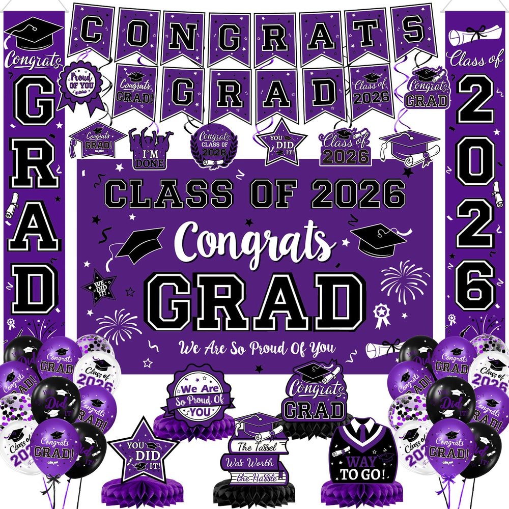 2026 Graduation Decorations - Purple Graduation Decorations Set with Congrats Grad Banner & Backdrop, Porch Sign, Hanging Swirl, Balloons, Honeycomb Centerpieces for Congrats Grad Party Decorations