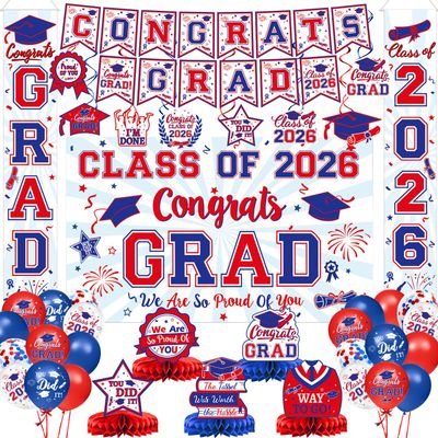 2026 Graduation Decorations - Red and Blue Graduation Decorations Set - Congrats Grad Banner & Backdrop, Porch Sign, Hanging Swirls, Balloons, Honeycomb Centerpieces for Congrats Grad Party Decorations