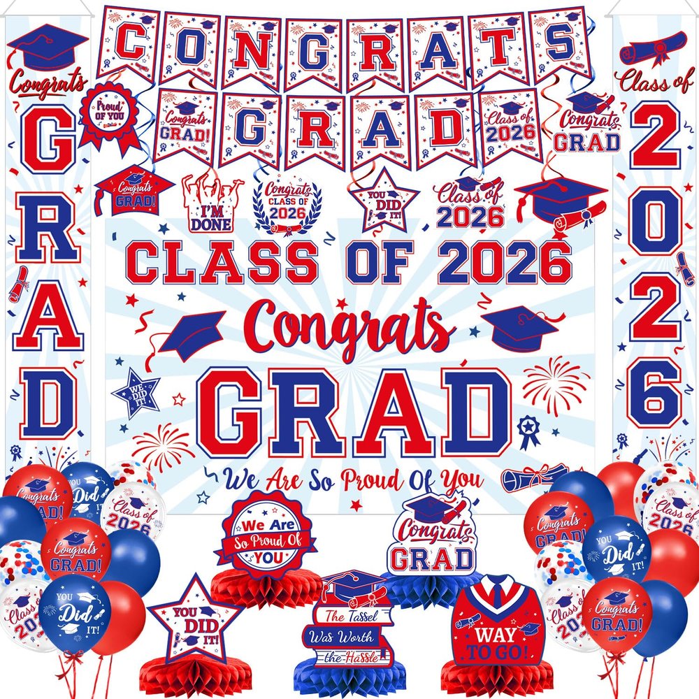 2026 Graduation Decorations - Red and Blue Graduation Decorations Set - Congrats Grad Banner & Backdrop, Porch Sign, Hanging Swirls, Balloons, Honeycomb Centerpieces for Congrats Grad Party Decorations