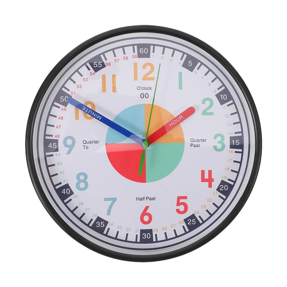IMIKEYA Childrens Learning Wall Clock with Rainbow Numbers  10" Educational Quiet Sweep Analog Clock for Classroom Teaching Bedroom Time Training Black