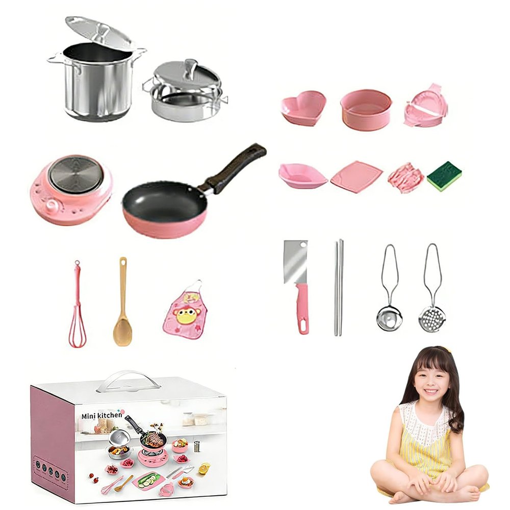 22PCS Kids Kitchen Set, Real Cooking Set for Kids, A Tiny Truly Safe Kitchen, Food-Grade Stainless Steel Sets for Food Making, Beginner Food Making Educational (Pink)