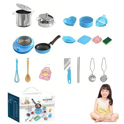 22PCS Kids Kitchen Set, Real Cooking Set for Kids, A Tiny Truly Safe Kitchen, Food-Grade Stainless Steel Sets for Food Making, Beginner Food Making Educational (Blue)
