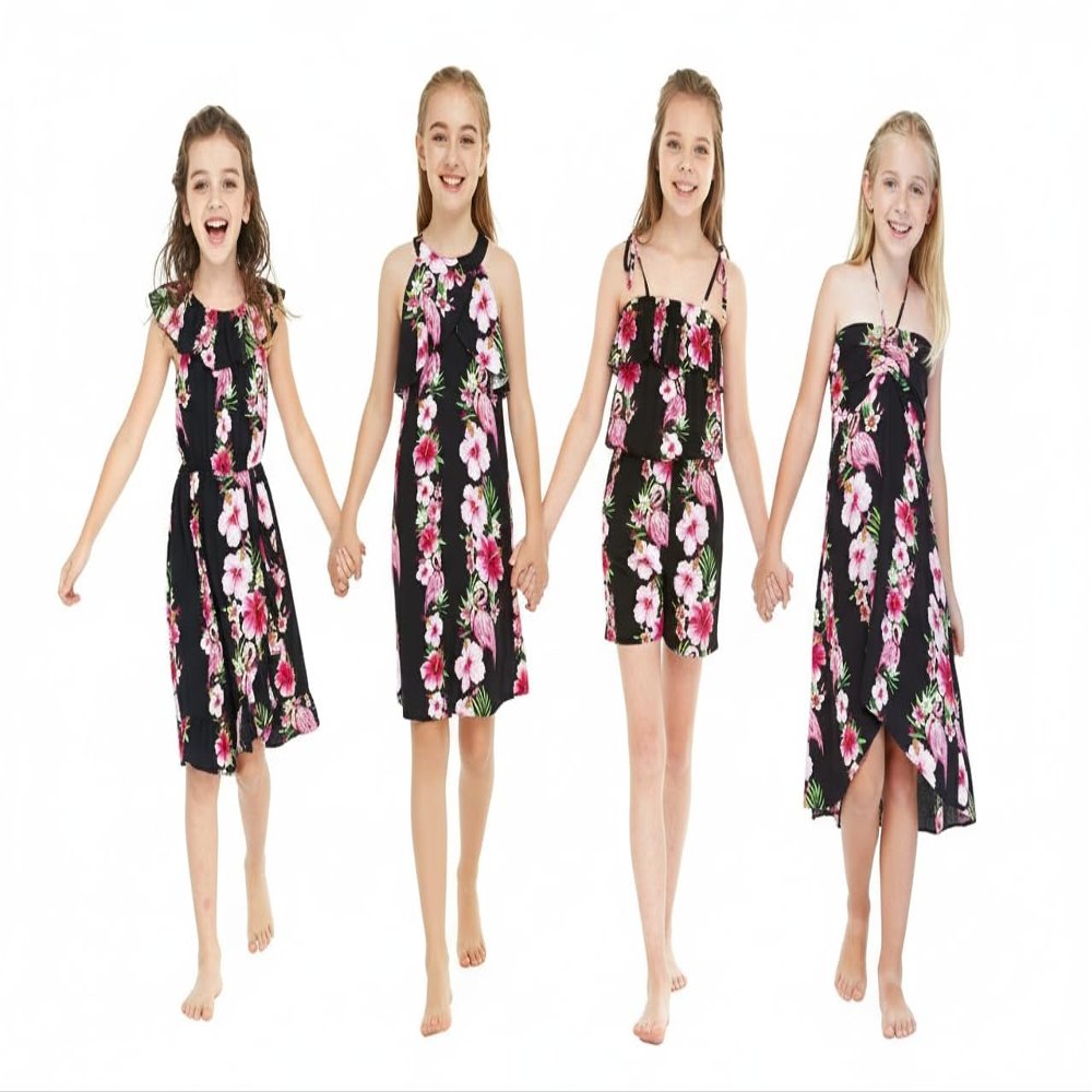 Hawaii Hangover Girl Group Matching Hawaiian Luau Ruffle Top Jumpsuit Romper, Pretty Hibiscus Vine Pink Black, Girl, Size 2