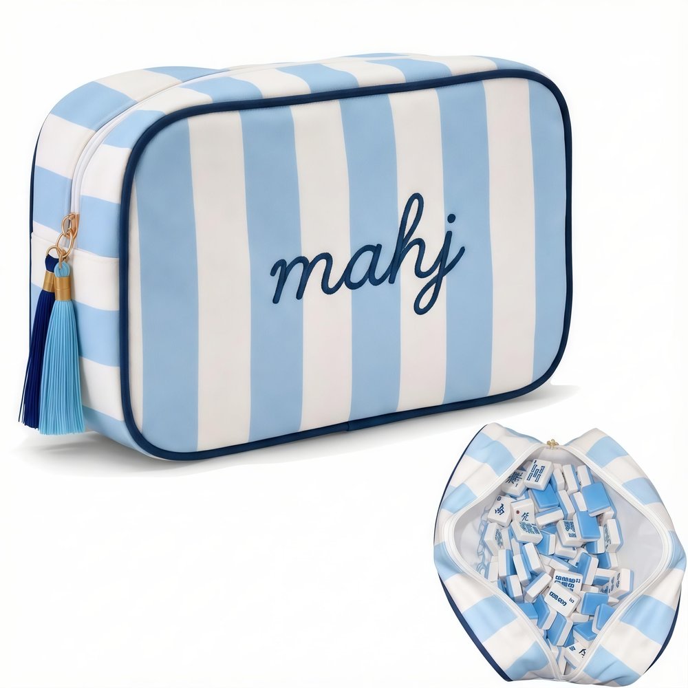 Empty Mahjong Tiles Bag with Zipper Thickened American Mahjong Rack Storage Bags Storage Pouch for Board Game Pieces Game Party Travel Gatherings Accessories, 10 x 6.8 x 3.5 Inch (Blue) (Blue)