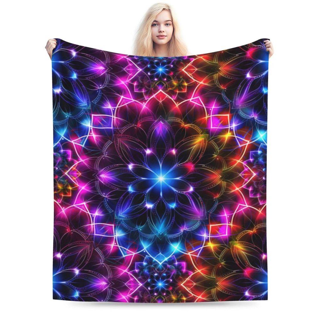 PWAOWU Neon Rainbow Mandala Blanket, Fleece Throw Blanket, Decor for Bed Sofa Home Office Travel Housewarming Gifts 40"x30"