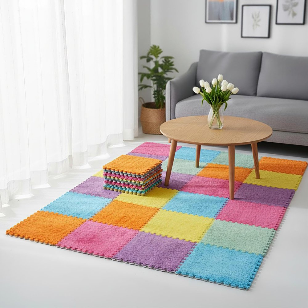 Tinideya 72 Pcs Plush Interlocking Carpet Tiles, 12 x 12 x 0.4 Inch EVA Foam Puzzle Mat Squares, Soft Washable Anti Slip Floor Mat for Bedroom, Nursery, Playroom, Living Room, Macaron Colors