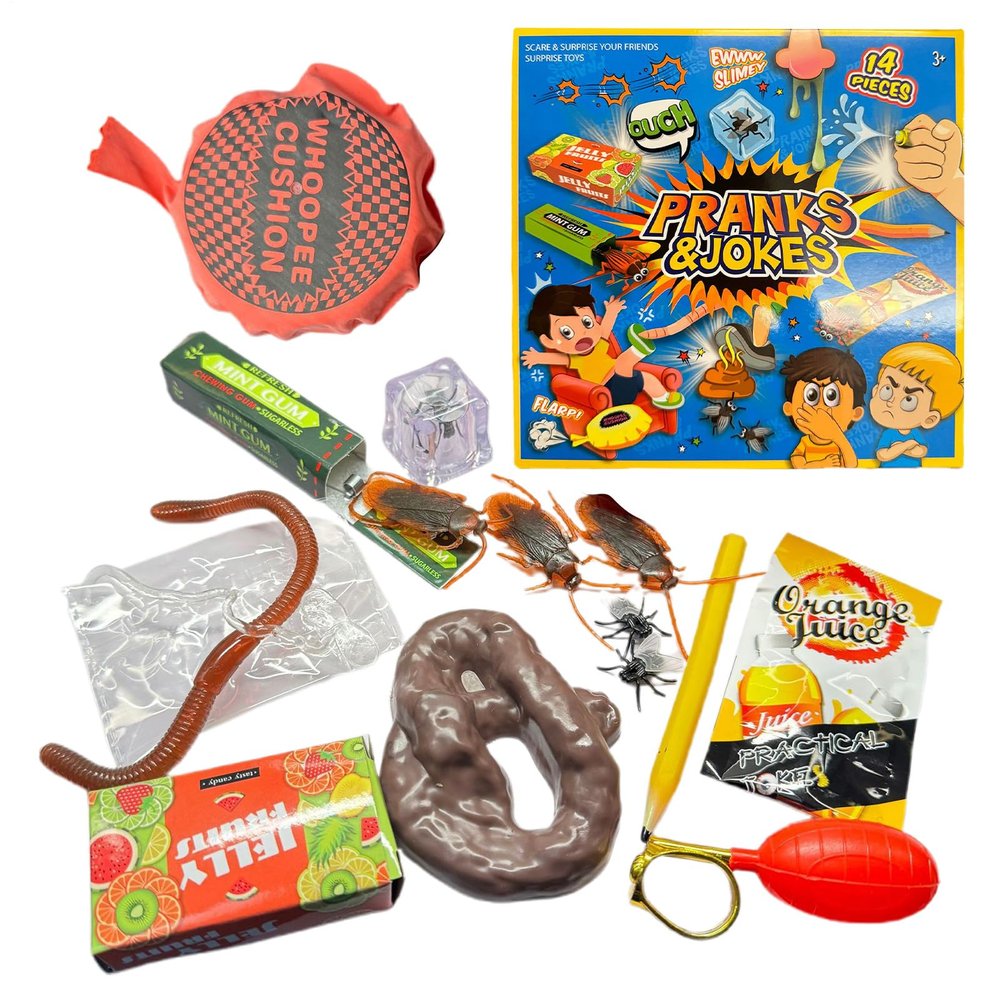 14Pcs Pranks Kits Box, Practical Jokes Games For Adults Men Friends Tricks, Pranks Pack And Joke Toys Set, April Fools Novelty Prank Set Gift Presents, Included Whoopee Cushion, Fake Poop, Fake Roache