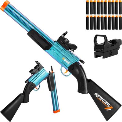 Double Barrel Toy Foam Blaster with Geen Dot Scop Foam Squirt Foam Dart Blaster Soft Bullets Toy Blaster Realistic Pump-Action Airsoft Blasters for Ages 14+