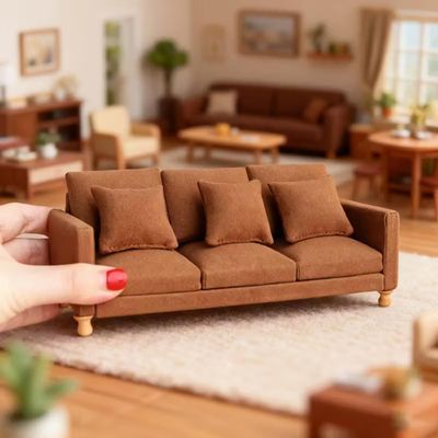 1:12 & 1:8 Scale Miniature Suede Sofa with 3 Pillows,Brown Mini Couch for 5-9 Inch Dolls, Dollhouse Furniture, Mini Scene Decor and Photography Prop (Mocha Brown)