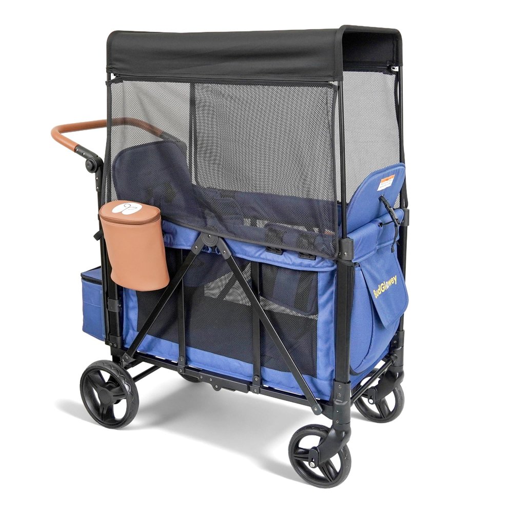 BudGlowey Foldable Wagon Stroller for 2 Kids, All-Terrain Blue Wagon with 5-Point Harness, Canopy, Insulated Snack Pack, Adjustable Handle, Parent Organizer for Outdoor Use