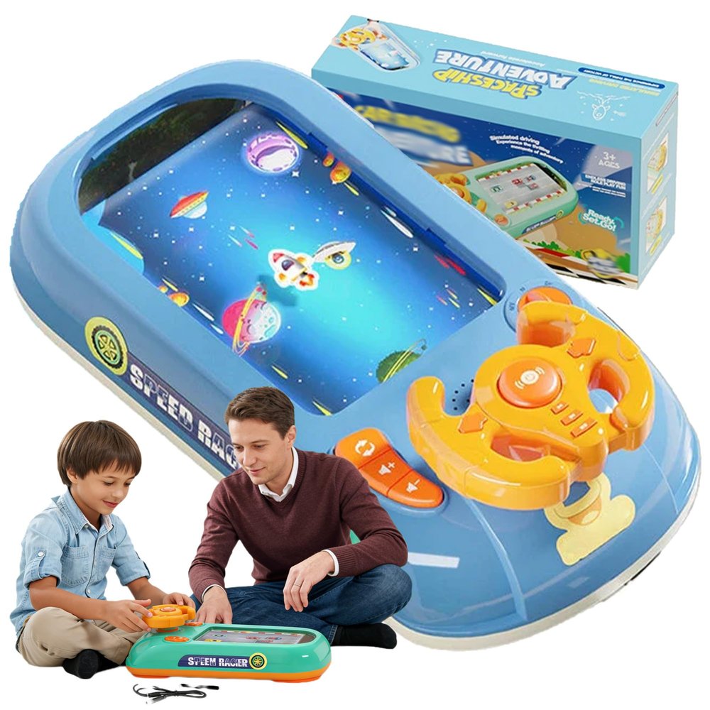 Turborace Interactive Game Set with 200 Challenges, Desktop Car Racing Game with Steering Wheel, Obstacle Avoidance Driving Simulator, Musical Racing Adventure (T)