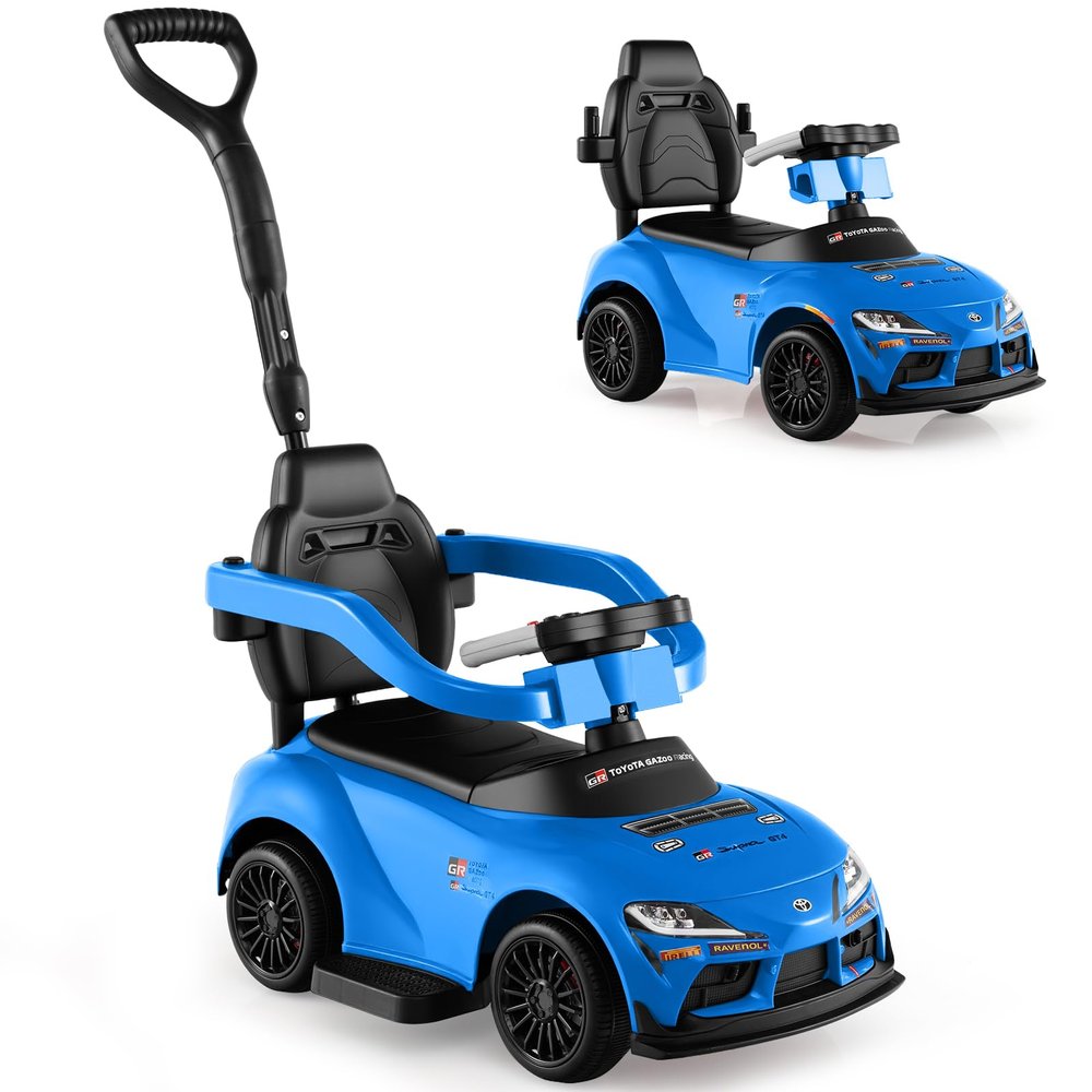 Licensed Toyota Ride on Push Car for Toddlers by INFANS, 3 in 1 Walking Sliding Toy with Removable Guardrails and Handle, Music, Under Seat Storage for Kid (Blue)
