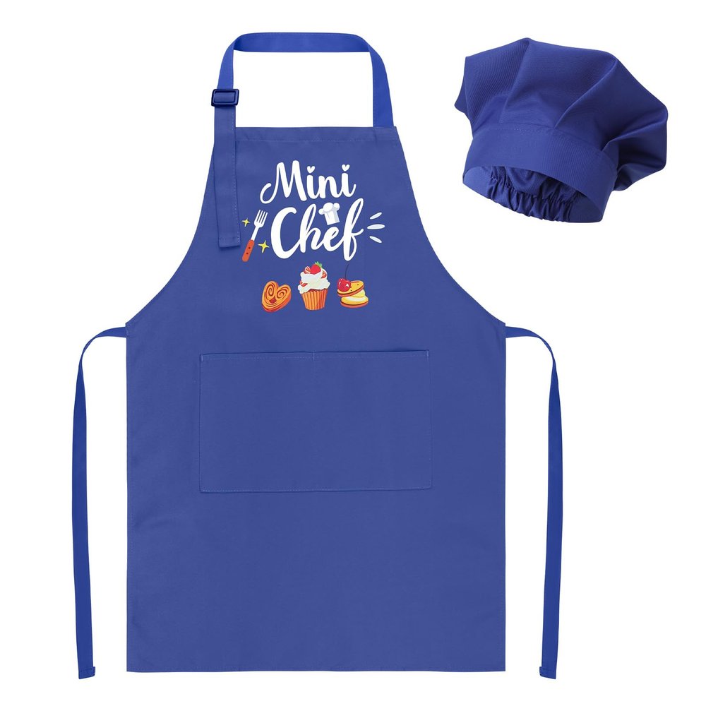 XLSXEXCL Kids Apron and Chef Hat Set, Mini Chef Funny Apron Adjustable Kitchen Apron for Boys and Girls for Cooking Baking Painting and Training (Deep blue)