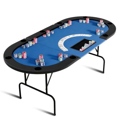 Reljofum Oval Poker Table with Collapsible Legs, Casino Leisure Gamimg Table for 10 Players, Texas Holdem Blackjack Poker Table with Stainless Steel Cup HolderHolder