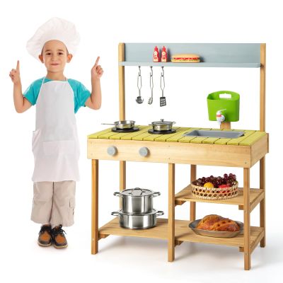 CHEFJOY Wooden Outdoor Mud Kitchen, Play Kitchen with Running Water & Removable Sink, Pretend Play Set for Backyard, Garden, Natural Wood Toddler Toy for Boys Girls 3+