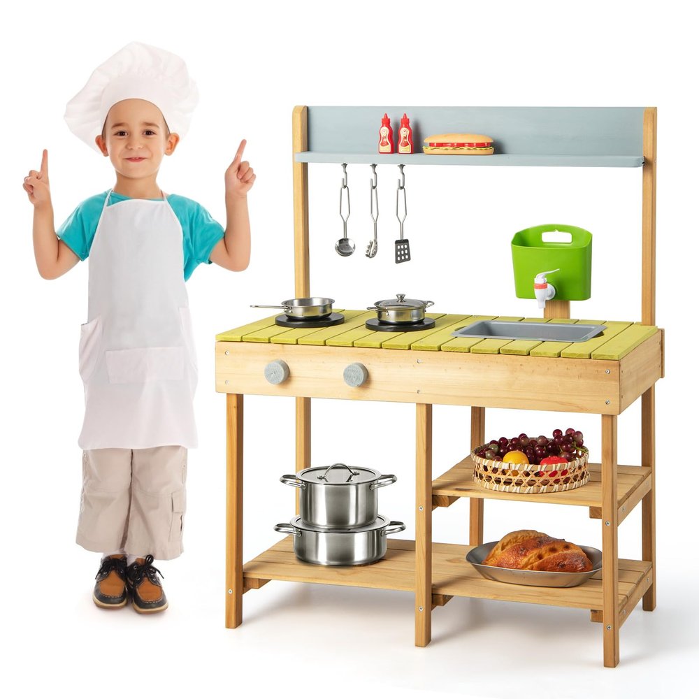 CHEFJOY Wooden Outdoor Mud Kitchen, Play Kitchen with Running Water & Removable Sink, Pretend Play Set for Backyard, Garden, Natural Wood Toddler Toy for Boys Girls 3+