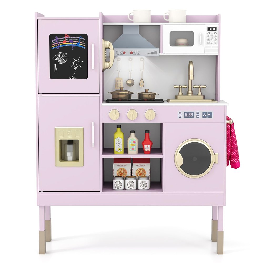 CHEFJOY Kids Kitchen Playset, Wooden Play Kitchen with Sound & Light, Montessori Toy for Bedroom Playroom Indoor, Ideal for Toddlers Ages 3+ (Pink + Golden)