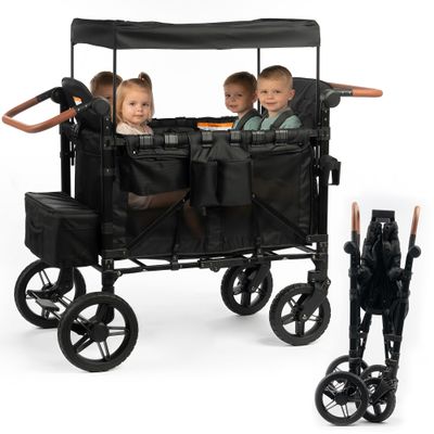 DOVELF Wagon Stroller for 4 Kids, Folding All-Terrain 4 Seater Stroller Wagon with Removable Canopy, Harnesses, Detachable Snack Tray, Adjustable Handle Bar, Storage Bag