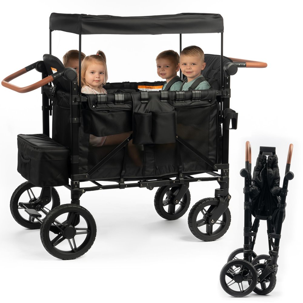 DOVELF Wagon Stroller for 4 Kids, Folding All-Terrain 4 Seater Stroller Wagon with Removable Canopy, Harnesses, Detachable Snack Tray, Adjustable Handle Bar, Storage Bag