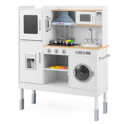 CHEFJOY Kids Kitchen Playset, Wooden Play Kitchen with Sound & Light, Montessori Toy for Bedroom Playroom Indoor, Ideal for Toddlers Ages 3+ (White+Silver)