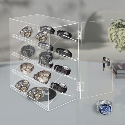 360 Rotating Acrylic Display Case with Lock & Key, 4-Tier V-Shaped Shelves Showcase, 13.4x7.5x17.3in Tabletop Cabinet for Sunglasses Jewelry Collectibles, No Assembly Required, Modern Decor
