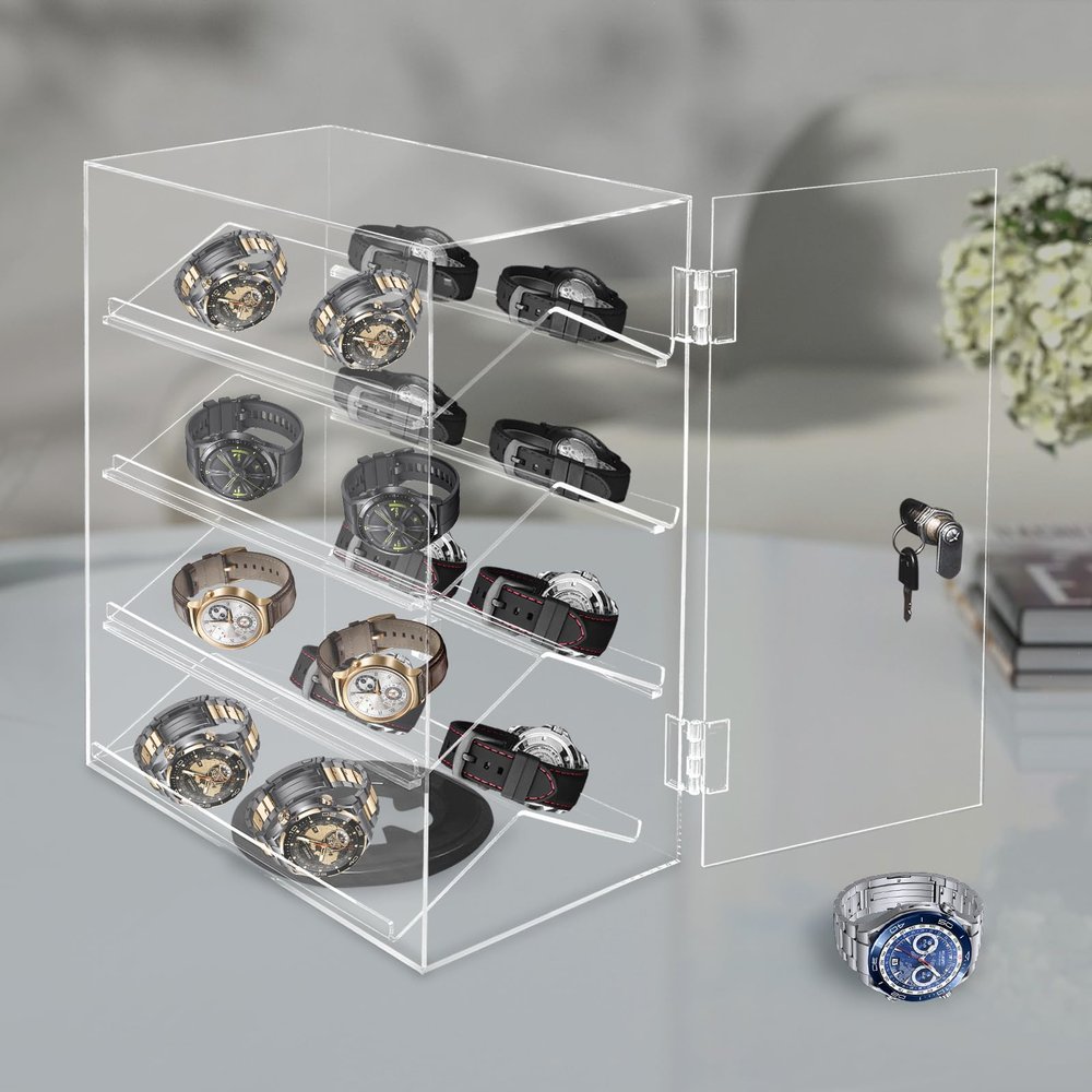 360 Rotating Acrylic Display Case with Lock & Key, 4-Tier V-Shaped Shelves Showcase, 13.4x7.5x17.3in Tabletop Cabinet for Sunglasses Jewelry Collectibles, No Assembly Required, Modern Decor